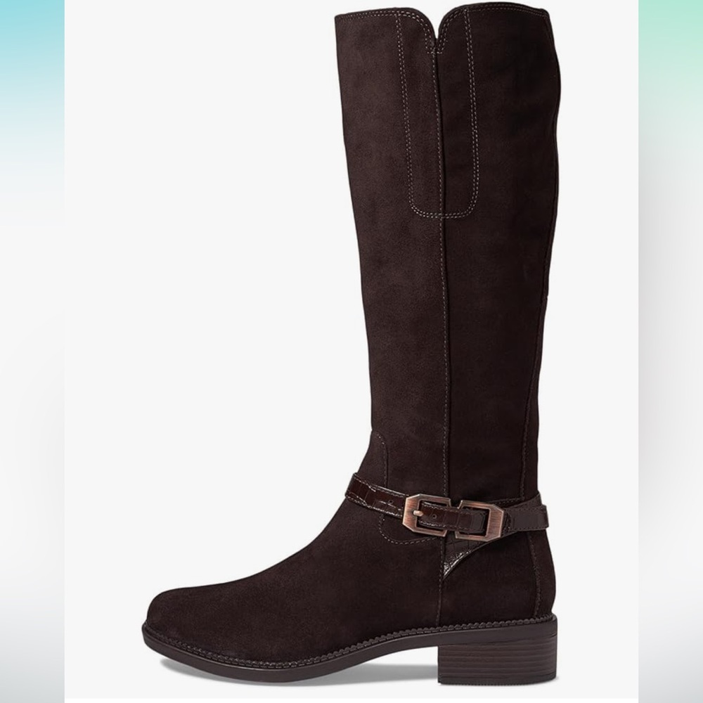 NIB CLARKS MAYE ASTER DARK BROWN SUEDE BUCKLED RIDING BOOTS SIZE 6.5 WIDE - Picture 3 of 12